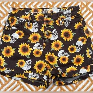HT Denim Sunflower and Skull High Rise Button Fly Shorts